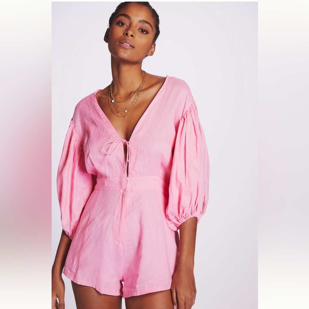 Anthropologie S/W/F pink puff sleeve linen romper XS